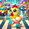 poulet jaune traversant une rue avec voitures et taxis, jeu mobile chicken road