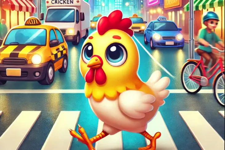 poulet jaune traversant une rue avec voitures et taxis, jeu mobile chicken road