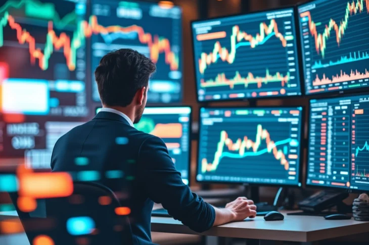trader regardant des graphiques de marché crypto sur plusieurs écrans