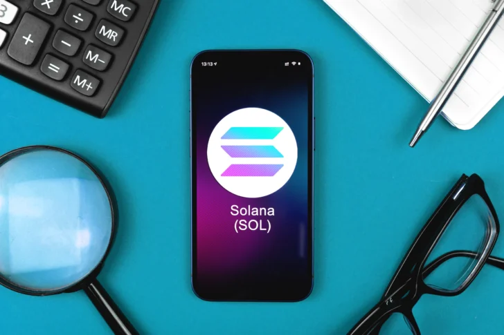 solana (sol) logo affiché sur un smartphone entouré d'outils de travail