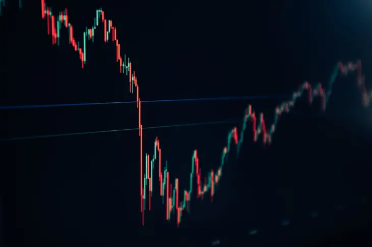 candlestick stock chart on dark screen
