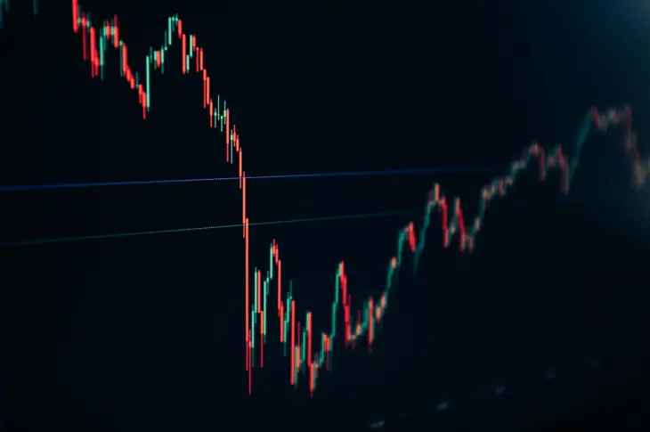candlestick stock chart on dark screen
