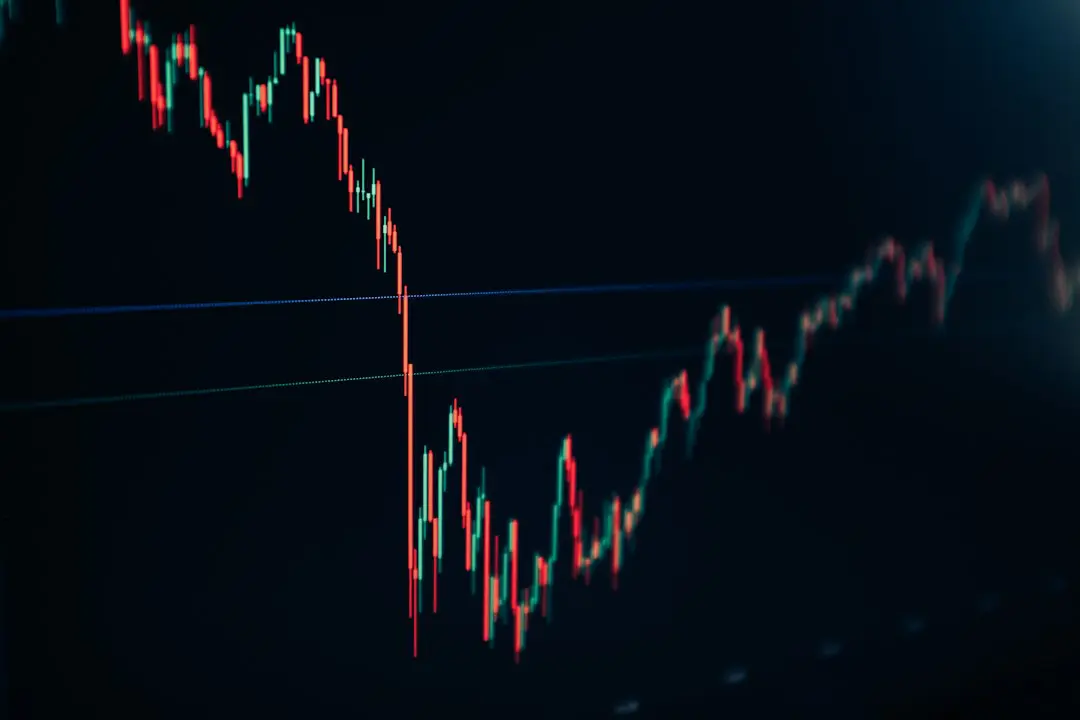 candlestick stock chart on dark screen